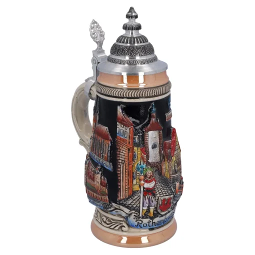 Bierkrug Mit Zinndeckel "Rothenburg", Schwarz, 0,25L