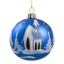 Glaskugel Blau Matt Kirche, 8 Cm