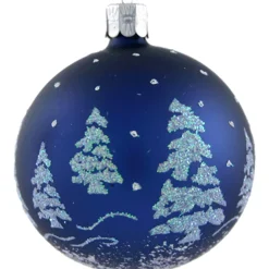 Glaskugel Blau Mit Glitzer Baumen, 7 Cm