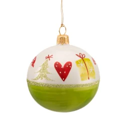 Glaskugel Grun-Weis Mit Weihnachtlichem Dekor, 7 Cm