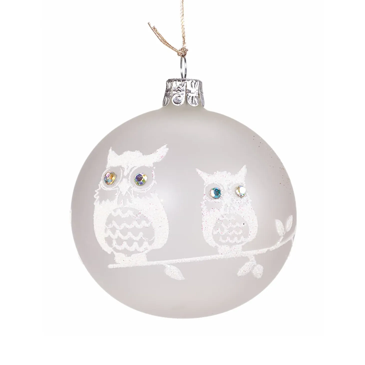 Glaskugel Mattweis Mit Zwei Weisen Eulen, 8Cm