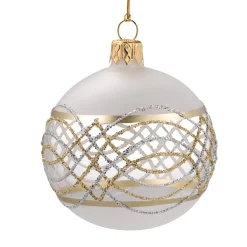 Glaskugel Matt-Weis/Klar Mit Gold-Silberner Verzierung, 6 Cm