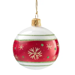 Glaskugel Opal Weis Mit Rotem Flockenband, 6 Cm