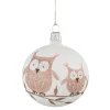 Glaskugel Weis Mit Braunen Eulen, 7 Cm