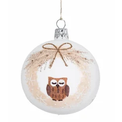 Glaskugel Weis Mit Kranz Und Eule, 7Cm