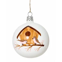 Glaskugel Weis Mit Vogelhauschen, 7Cm