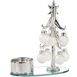 Teelichthalter Glasbaum Mit Weisen Kugeln, Silber
